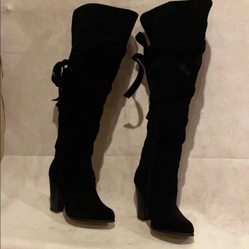 Brand new faux suede black boots w/ ribbon detail